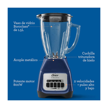 Oster BLSTKAGLPB Licuadora de 2 Velocidades | Boroclass | All-Metal Drive | Función de Pulso | 1.5L | 800W | Azul