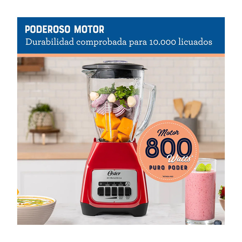 Oster BLSTKAGRPB Licuadora de 2 Velocidades | Boroclass | All-Metal Drive | Función de Pulso | 1.5L | 800W | Rojo