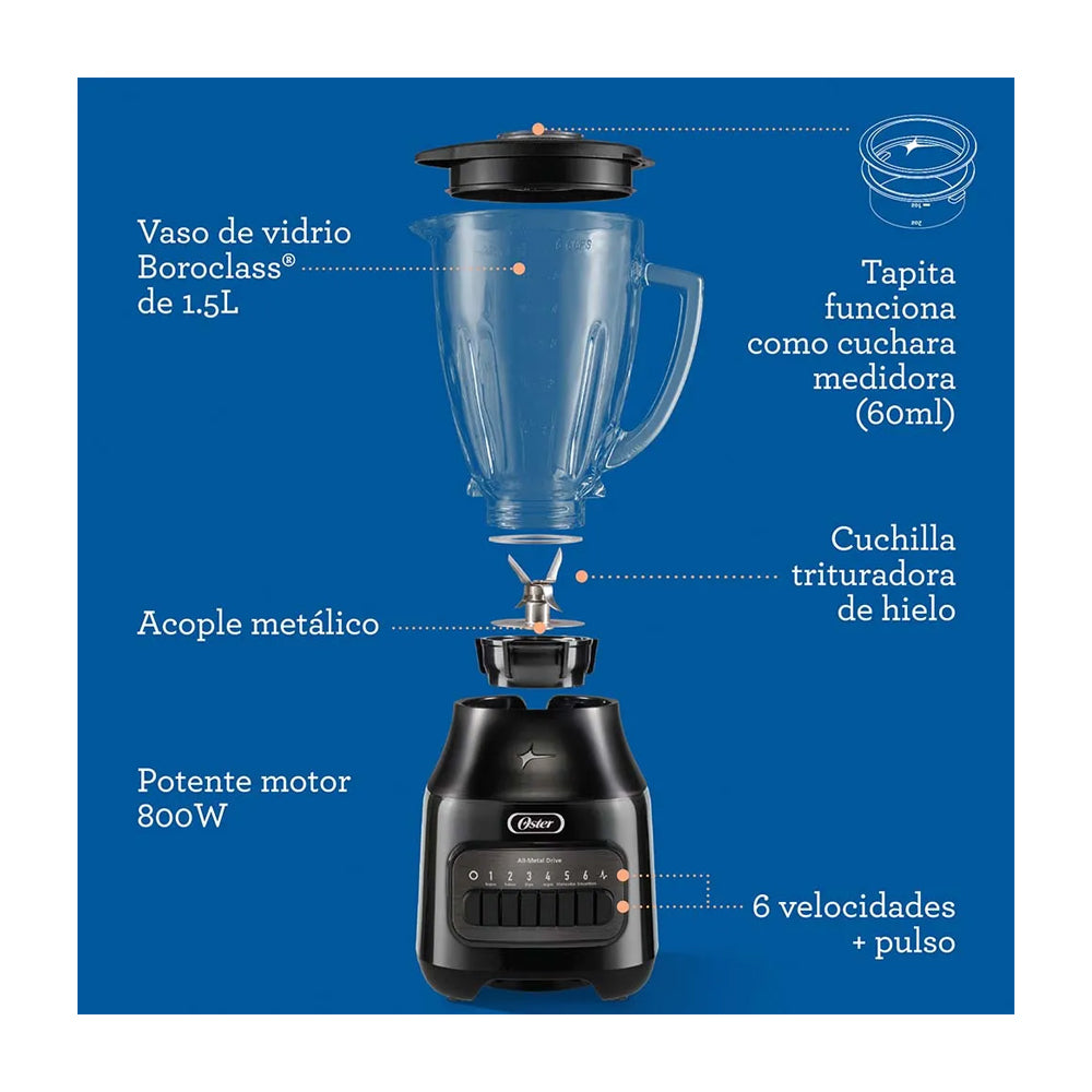 Oster BLSTPEGBPB Licuadora de 6 Velocidades | Boroclass | All-Metal Drive | Función de Pulso | 1.5L | 800W | Negro