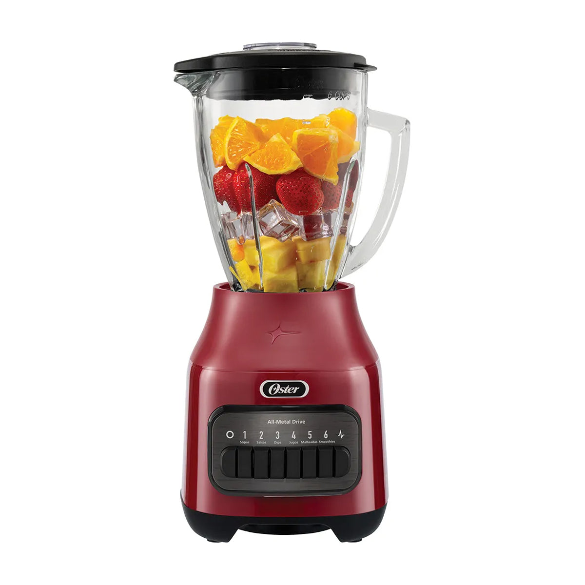 Oster BLSTPEGRPB Licuadora de 6 Velocidades | Boroclass | All-Metal Drive | Función de Pulso | 1.5L | 800W | Rojo