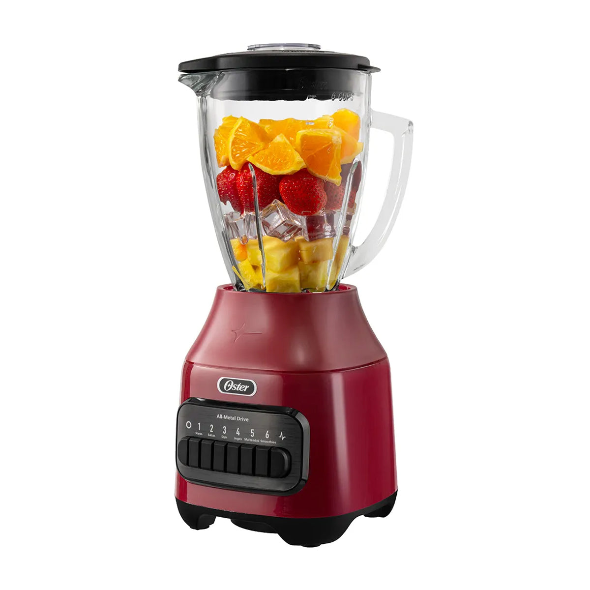 Oster BLSTPEGRPB Licuadora de 6 Velocidades | Boroclass | All-Metal Drive | Función de Pulso | 1.5L | 800W | Rojo