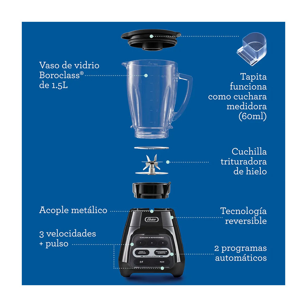 Oster BLSTPYG1309B Licuadora de 3 Velocidades | Boroclass | Tecnología Reversible | All-Metal-Drive | 1.5L | 1000W | Negro