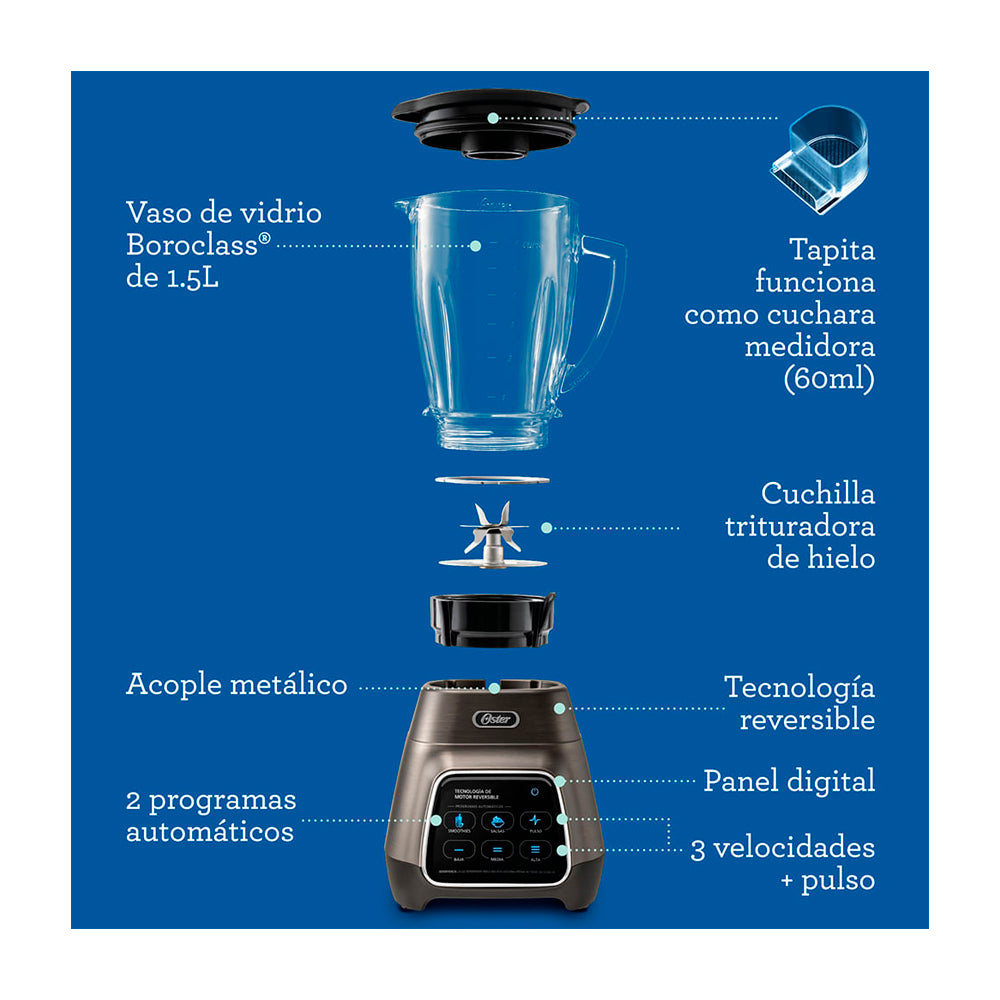 Oster BLSTPYG1312XBG Licuadora de 3 Velocidades | Boroclass | Tecnología Reversible | All-Metal-Drive | 1.5L | 1000W | Gris