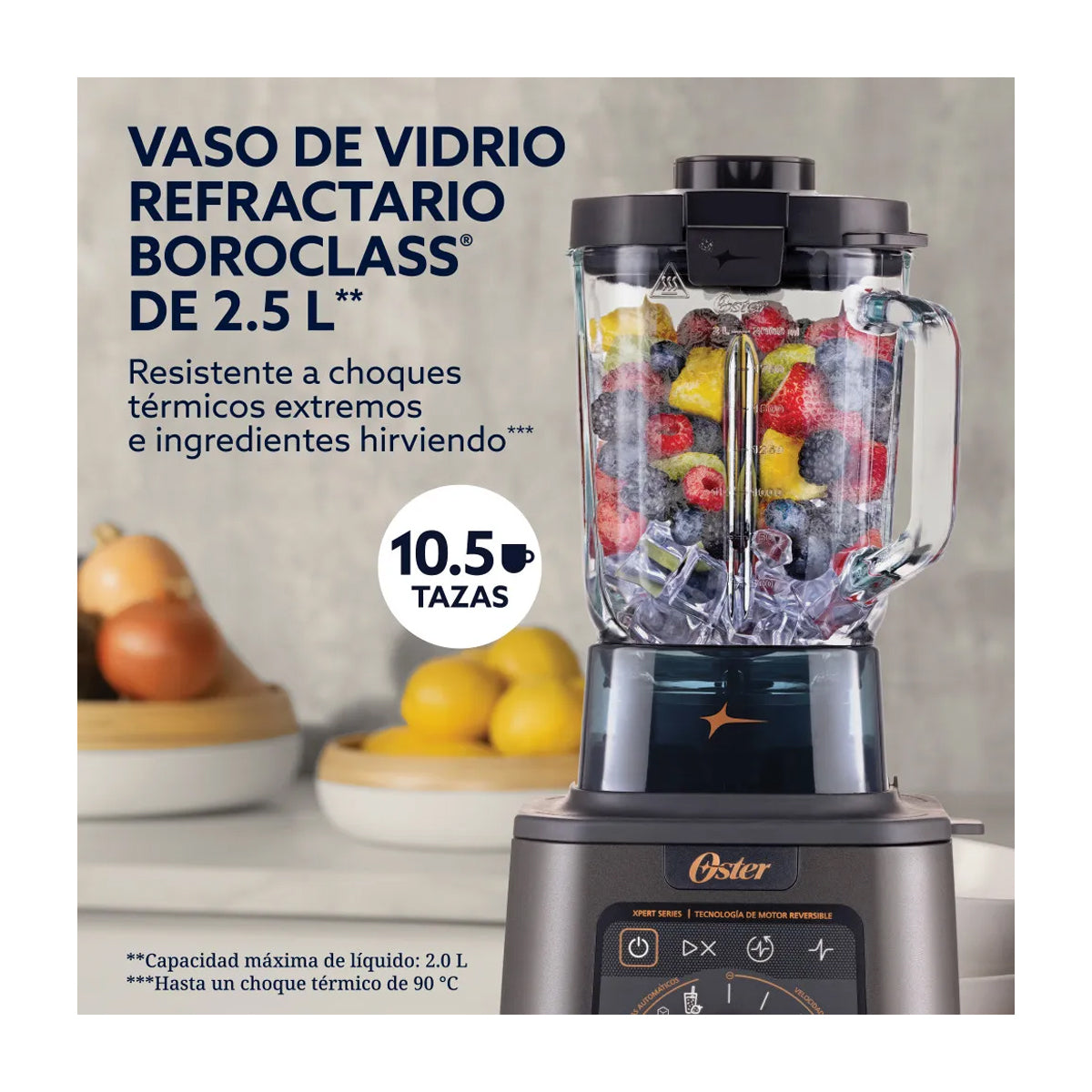 Oster BLSTXTXG013 Xpert Series Licuadora Profesional de 5 Velocidades | Boroclass | Tecnología Reversible | Función de Calentamiento para Sopas y Salsas | 2.5L | 2200W | Negro