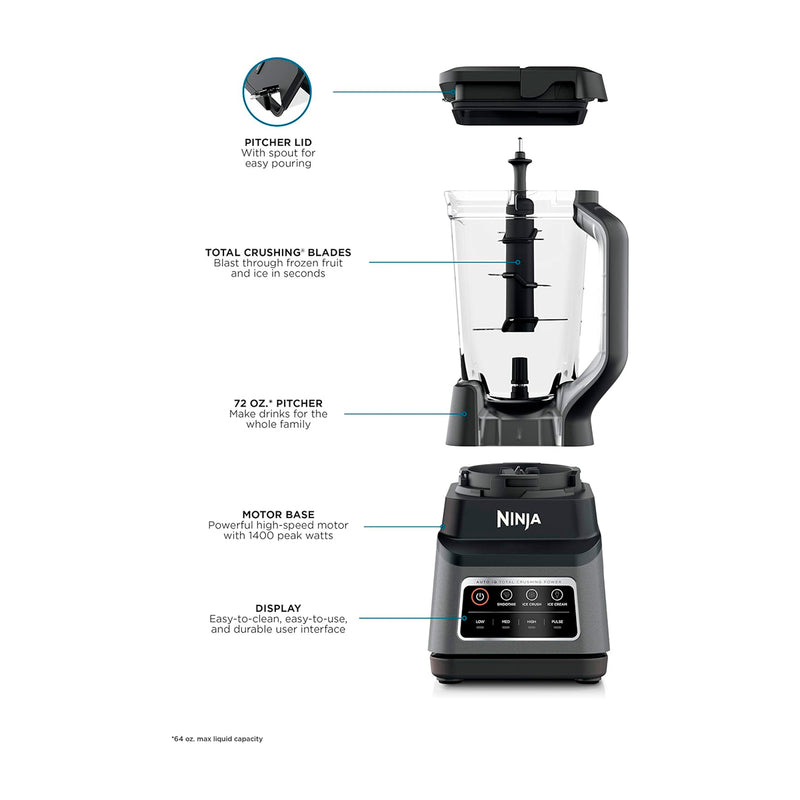 Ninja Professional Plus Blender Licuadora de 3 Velocidades | Auto-IQ | Tecnología Total Crushing | Función de Pulso | 2.13L | 1400W | Gris