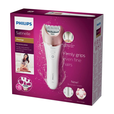 Philips Depiladora Inalámbrica Recargable Satinelle Prestige en Seco y Húmedo de 8 piezas