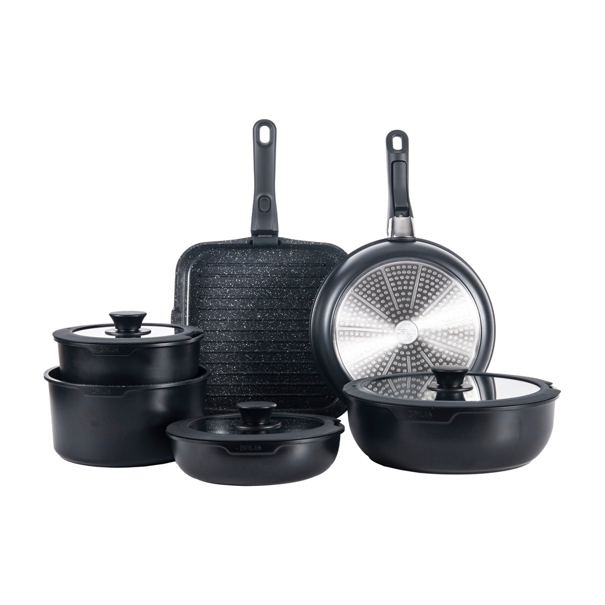 Drija Bucatini 19-B Juego de Ollas y Sartenes | Asas Desmotables | Antiadherente | Calor uniforme | Negro