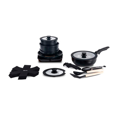 DRIJA Bucatini 19-B Juego de Ollas y Sartenes | Asas Desmotables | Antiadherente | Calor uniforme | Negro