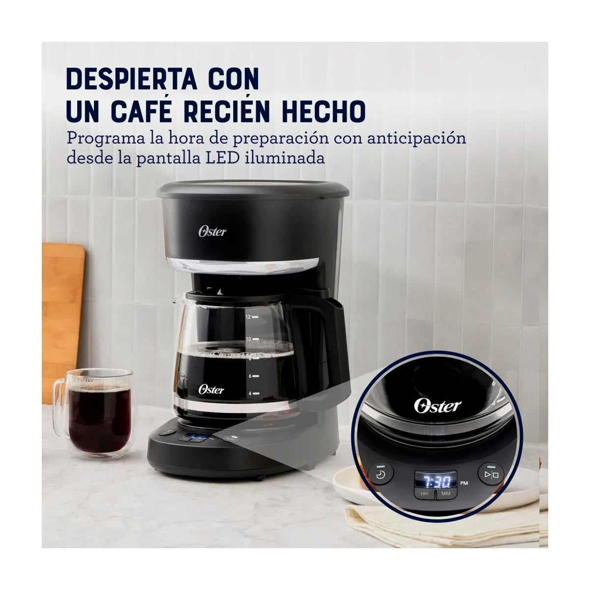 Oster BVSTDCP121B Cafetera de 12 Tazas | Programable | Pantalla LED | Filtro Lavable Permanente | Canasta Removible | Negro