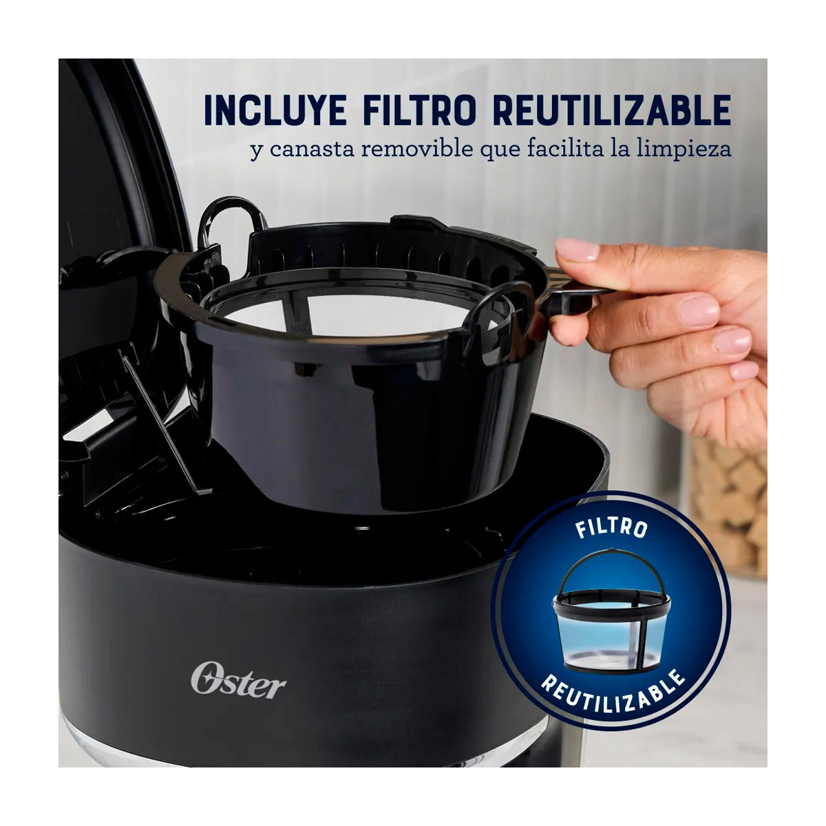 Oster BVSTDCP121B Cafetera de 12 Tazas | Programable | Pantalla LED | Filtro Lavable Permanente | Canasta Removible | Negro