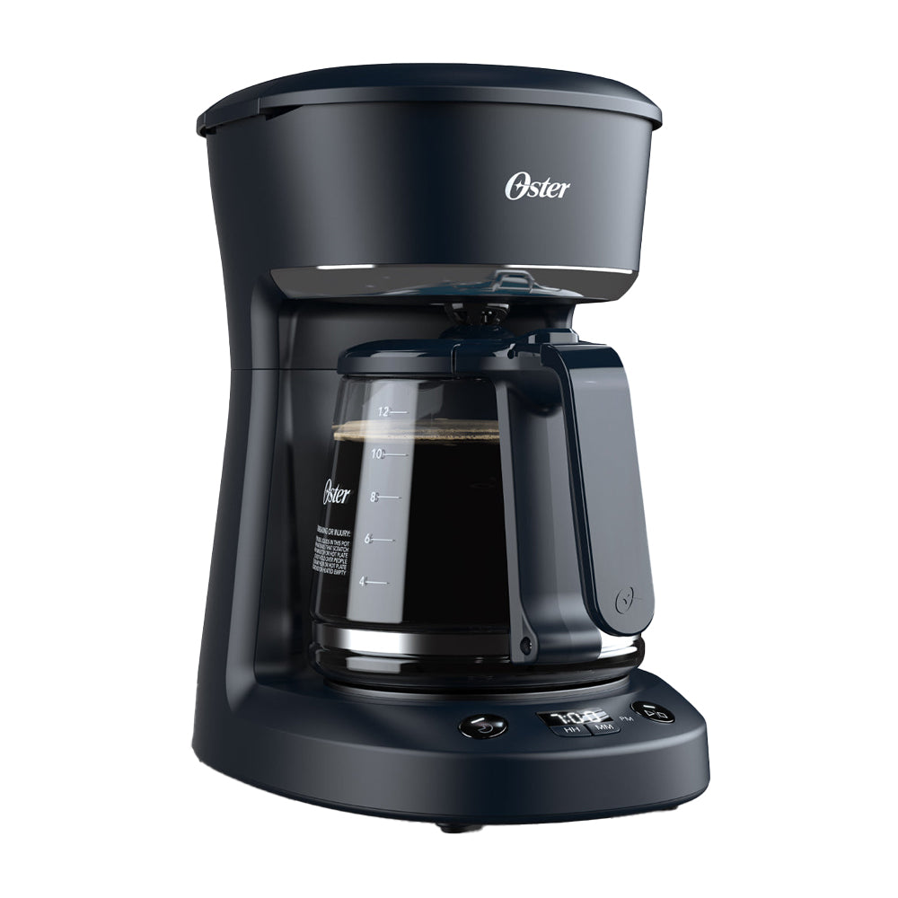 Oster BVSTDCP12B Cafetera de 12 Tazas | Programable | Pantalla LED | Filtro Lavable Permanente | Canasta Removible | Negro