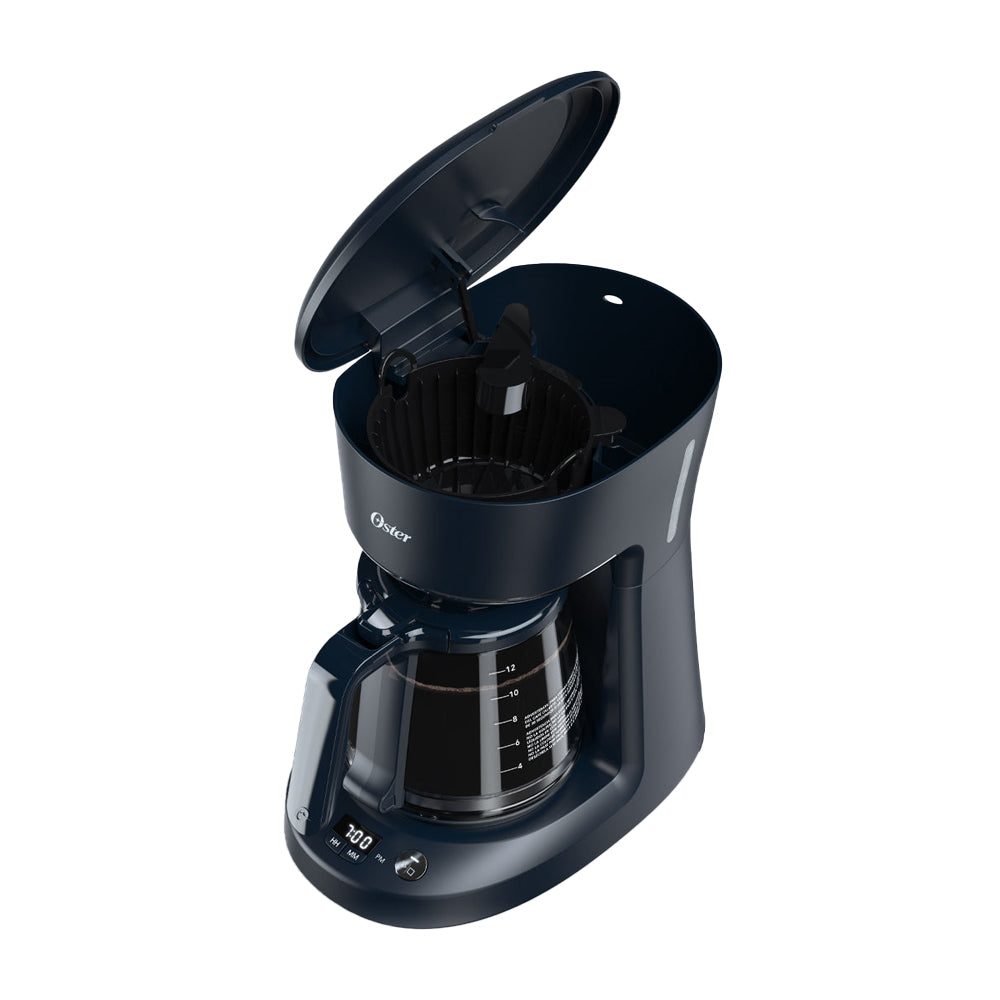 Oster BVSTDCP12B Cafetera de 12 Tazas | Programable | Pantalla LED | Filtro Lavable Permanente | Canasta Removible | Negro