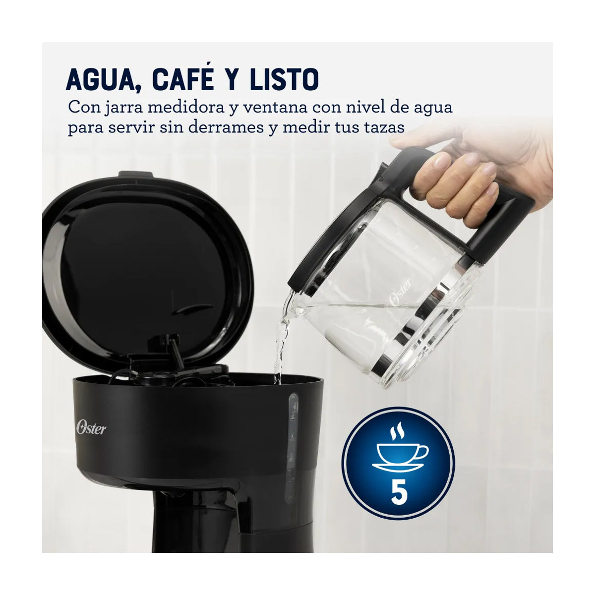 Oster BVSTDCS51B Cafetera de 5 Tazas | Filtro Permanente Lavable | Pausa y Servir | Negro