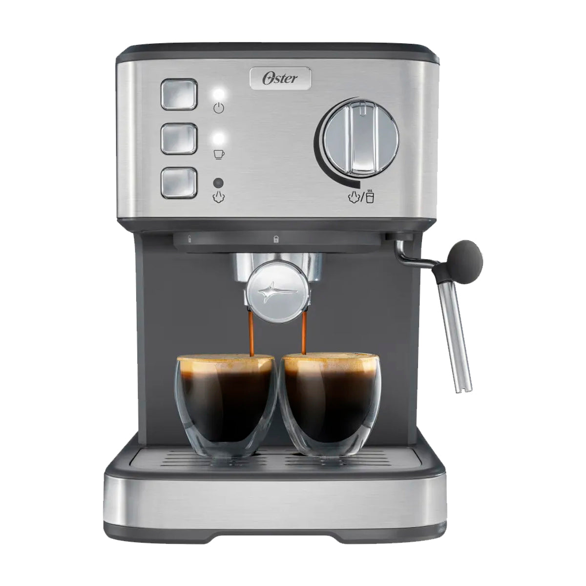 Oster BVSTEM5502 Cafetera de 8 Tazas | Espresso y Capuccino | 15 Bares | Tubo de Vapor | Acero Inoxidable