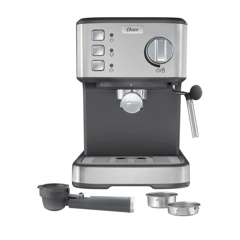 Oster BVSTEM5502 Cafetera de 8 Tazas | Espresso y Capuccino | 15 Bares | Tubo de Vapor | Acero Inoxidable