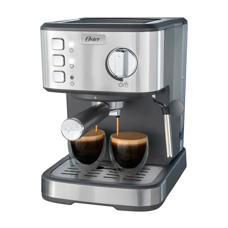 Oster BVSTEM5502 Cafetera de 8 Tazas | Espresso y Capuccino | 15 Bares | Tubo de Vapor | Acero Inoxidable