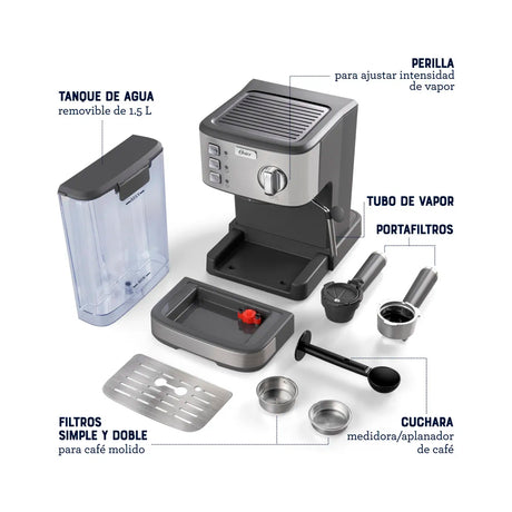Oster BVSTEM5502 Cafetera de 8 Tazas | Espresso y Capuccino | 15 Bares | Tubo de Vapor | Acero Inoxidable