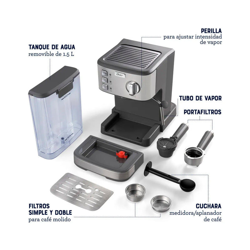 Oster BVSTEM5502 Cafetera de 8 Tazas | Espresso y Capuccino | 15 Bares | Tubo de Vapor | Acero Inoxidable