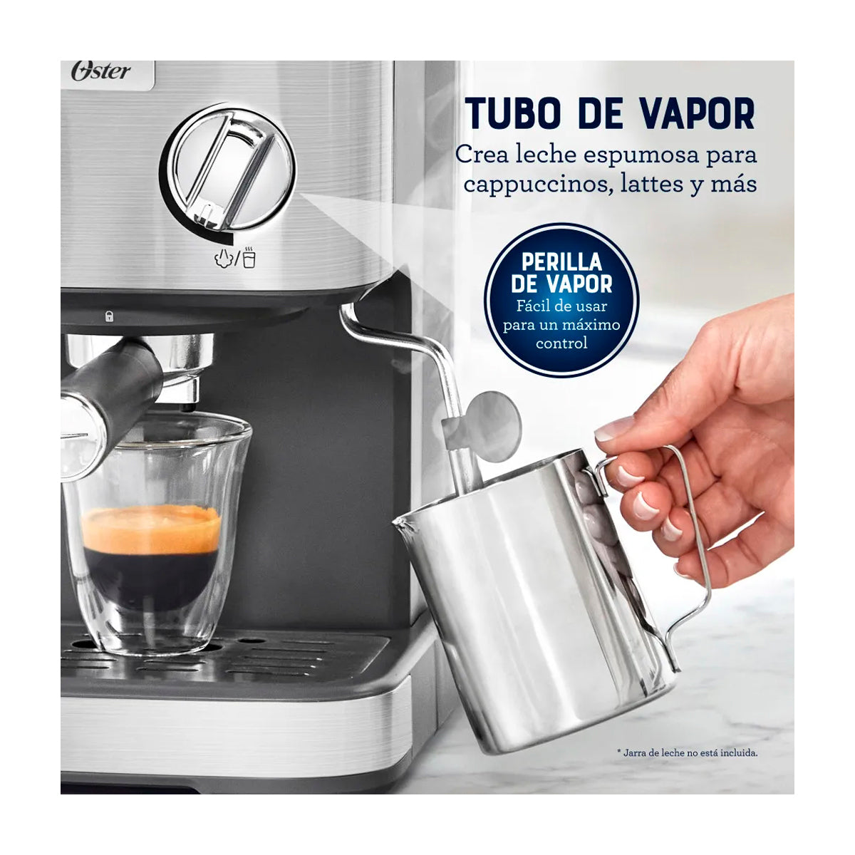Oster BVSTEM5502 Cafetera de 8 Tazas | Espresso y Capuccino | 15 Bares | Tubo de Vapor | Acero Inoxidable