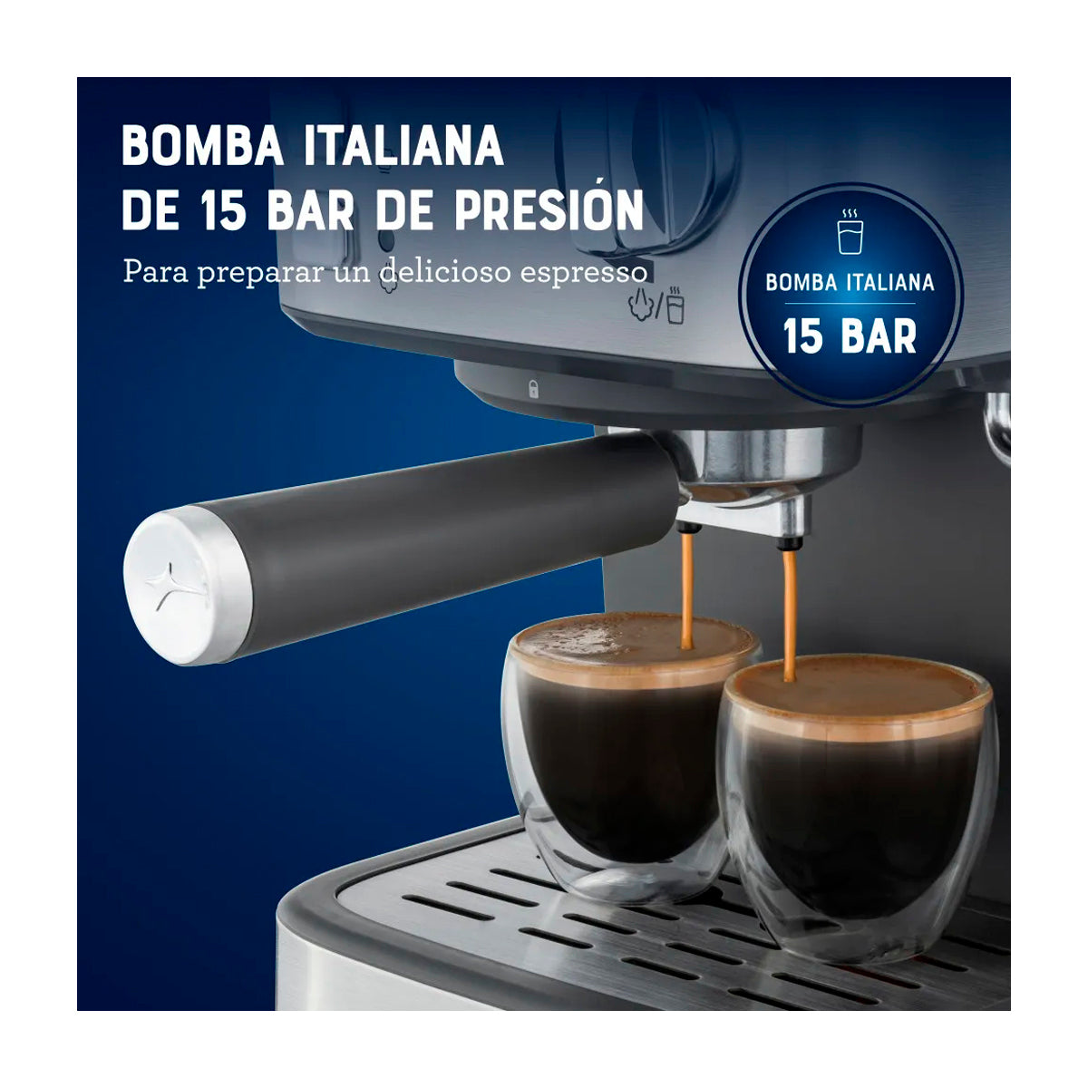 Oster BVSTEM5502 Cafetera de 8 Tazas | Espresso y Capuccino | 15 Bares | Tubo de Vapor | Acero Inoxidable