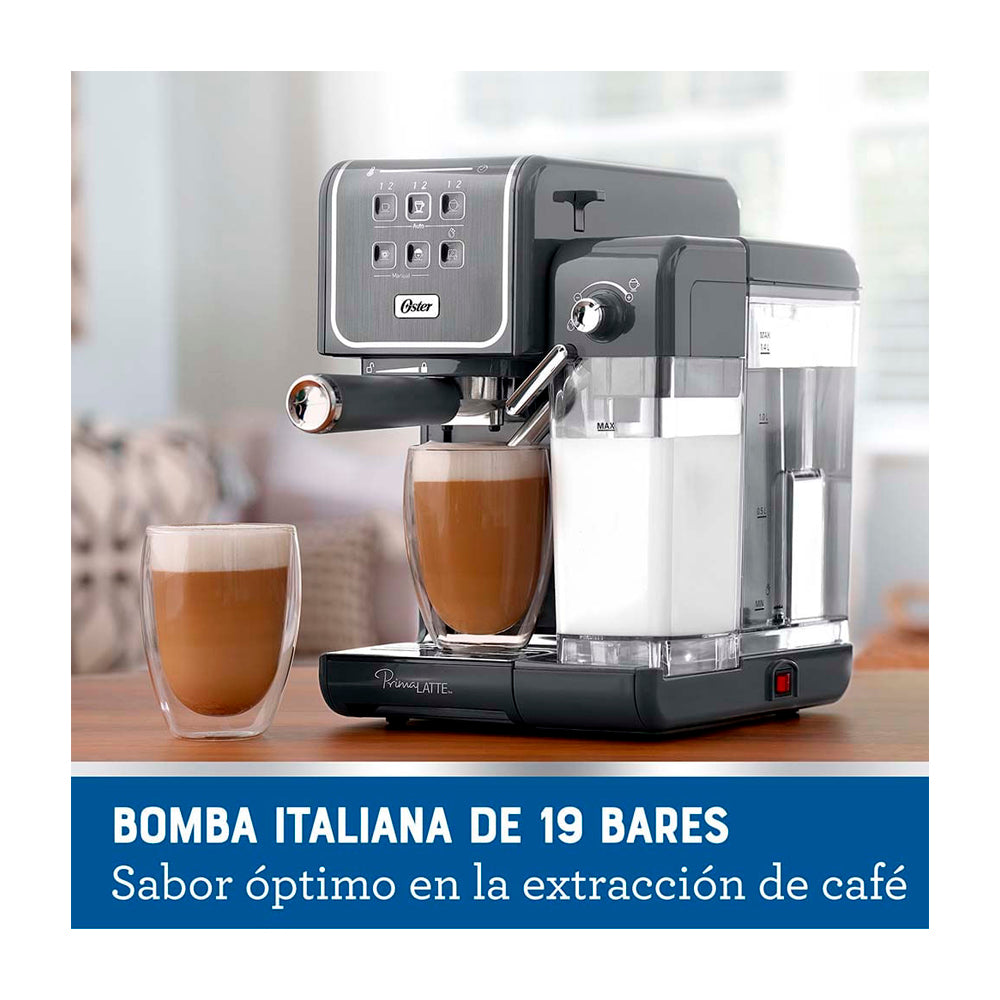 Oster BVSTEM6801M Cafetera PrimaLatte de 5 Tazas | 19 Bares | Barra de Progreso | Gris