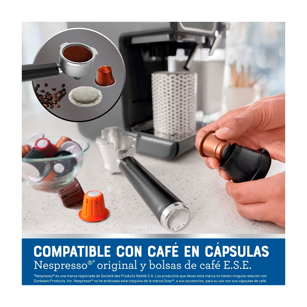 Oster BVSTEM6801M Cafetera PrimaLatte de 5 Tazas | 19 Bares | Barra de Progreso | Gris