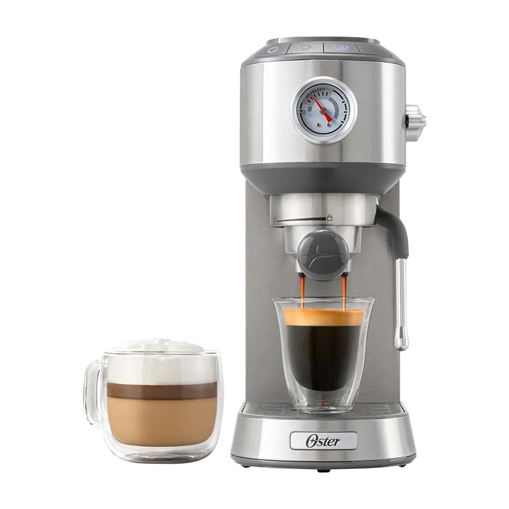 Oster BVSTEM7200 Cafetera de 4 Tazas | 15 Bares | Espresso y Capuccino | Sistema Espumador | Plateado