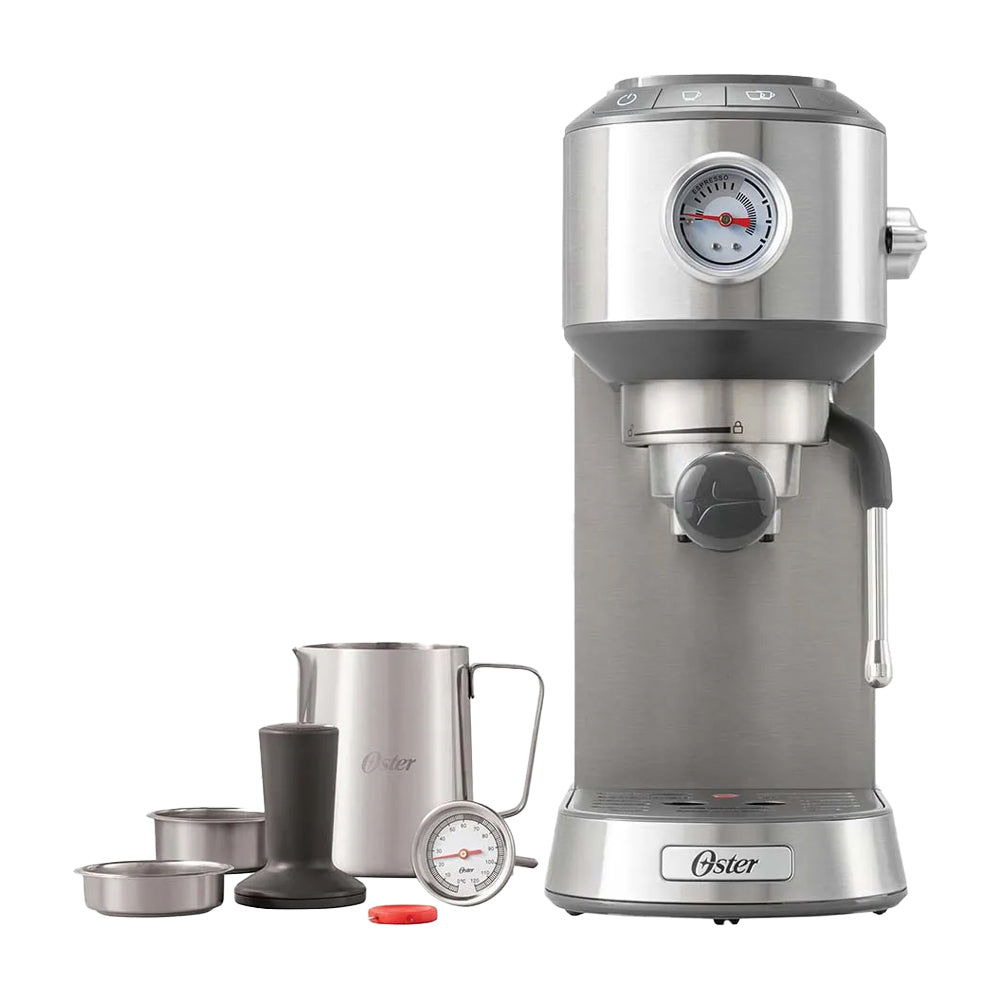 Oster BVSTEM7200 Cafetera de 4 Tazas | 15 Bares | Espresso y Capuccino | Sistema Espumador | Plateado