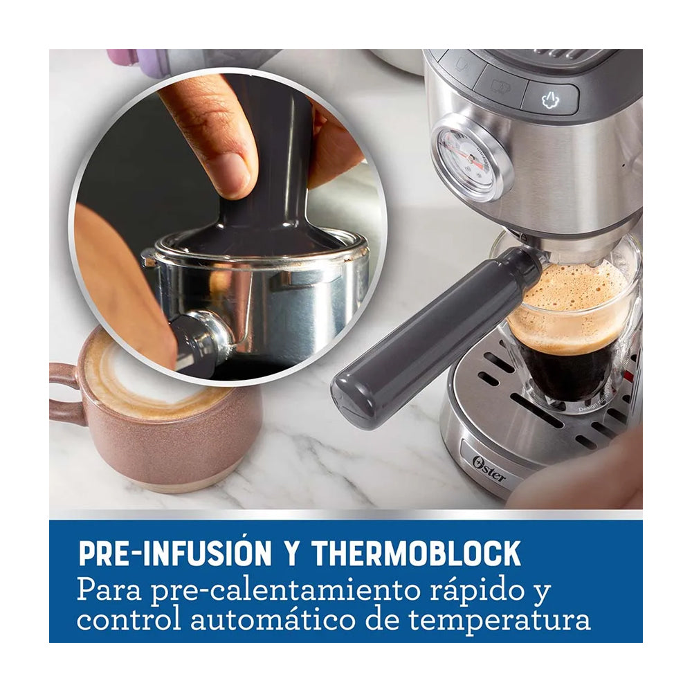 Oster BVSTEM7200 Cafetera de 4 Tazas | 15 Bares | Espresso y Capuccino | Sistema Espumador | Plateado