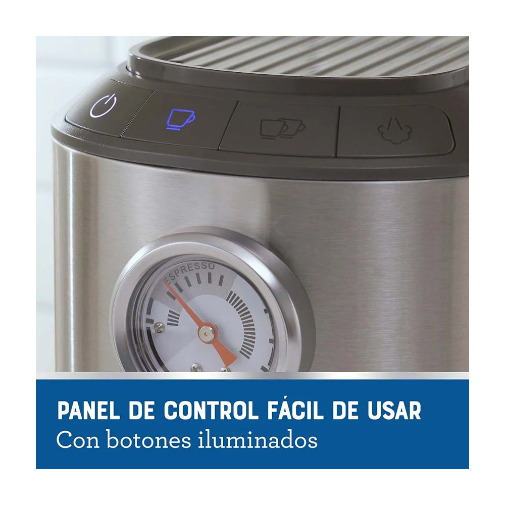 Oster BVSTEM7200 Cafetera de 4 Tazas | 15 Bares | Espresso y Capuccino | Sistema Espumador | Plateado