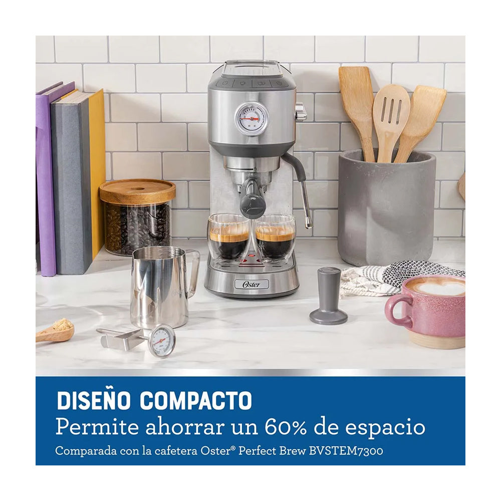 Oster BVSTEM7200 Cafetera de 4 Tazas | 15 Bares | Espresso y Capuccino | Sistema Espumador | Plateado
