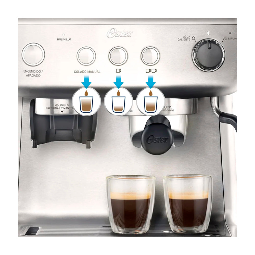 Oster BVSTEM7300 Cafetera de 12 Tazas | Espresso y Capuccino |  Perfect Brew 15 Bares | Molino Integrado | Acero Inoxidable