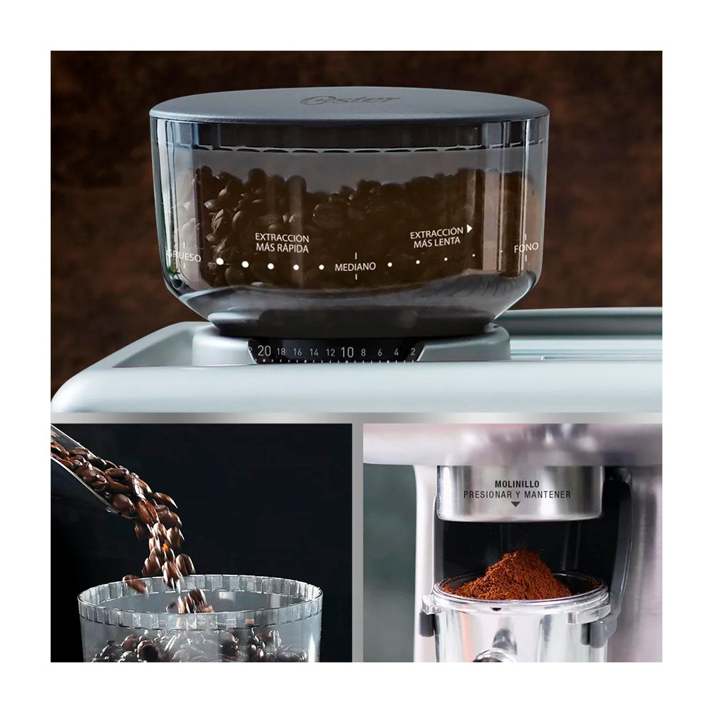 Oster BVSTEM7300 Cafetera de 12 Tazas | Espresso y Capuccino |  Perfect Brew 15 Bares | Molino Integrado | Acero Inoxidable