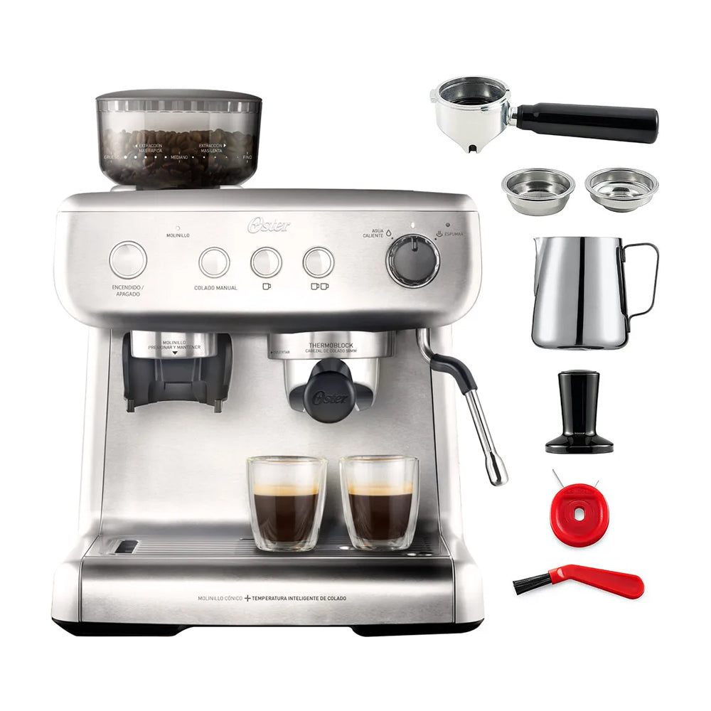 Oster BVSTEM7300 Cafetera de 12 Tazas | Espresso y Capuccino |  Perfect Brew 15 Bares | Molino Integrado | Acero Inoxidable
