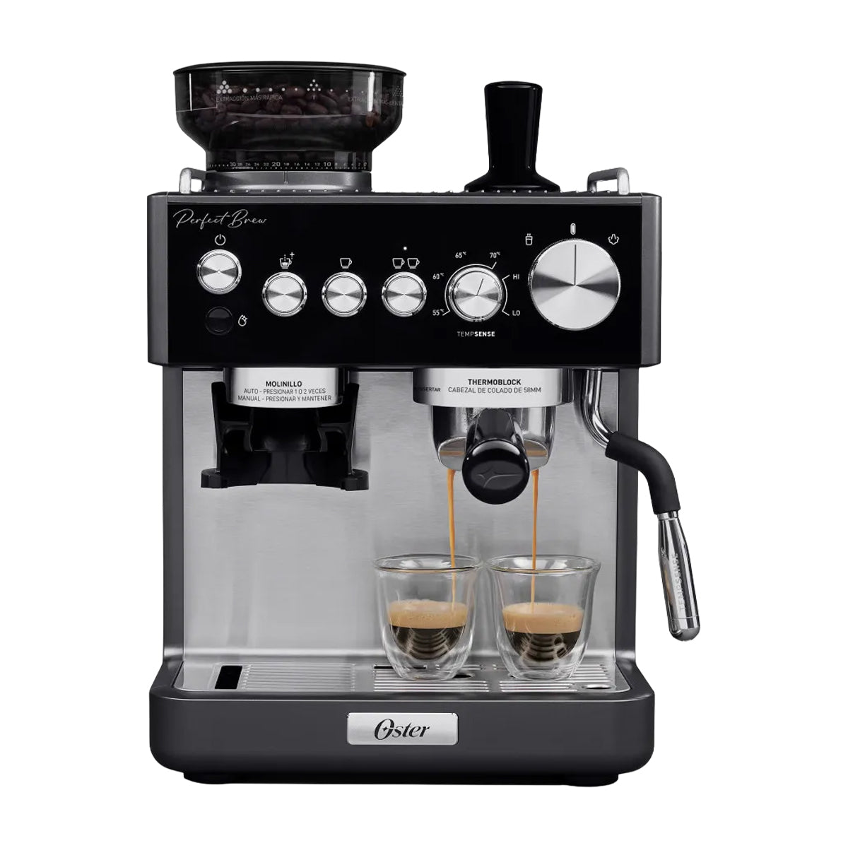 Oster BVSTEM7301 Cafetera Perfect Brew | Espresso y Latte | 15 Bares | Thermoblock | Molino Integrado | Acero Inoxidable
