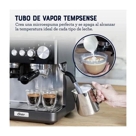 Oster BVSTEM7301 Cafetera Perfect Brew | Espresso y Latte | 15 Bares | Thermoblock | Molino Integrado | Acero Inoxidable