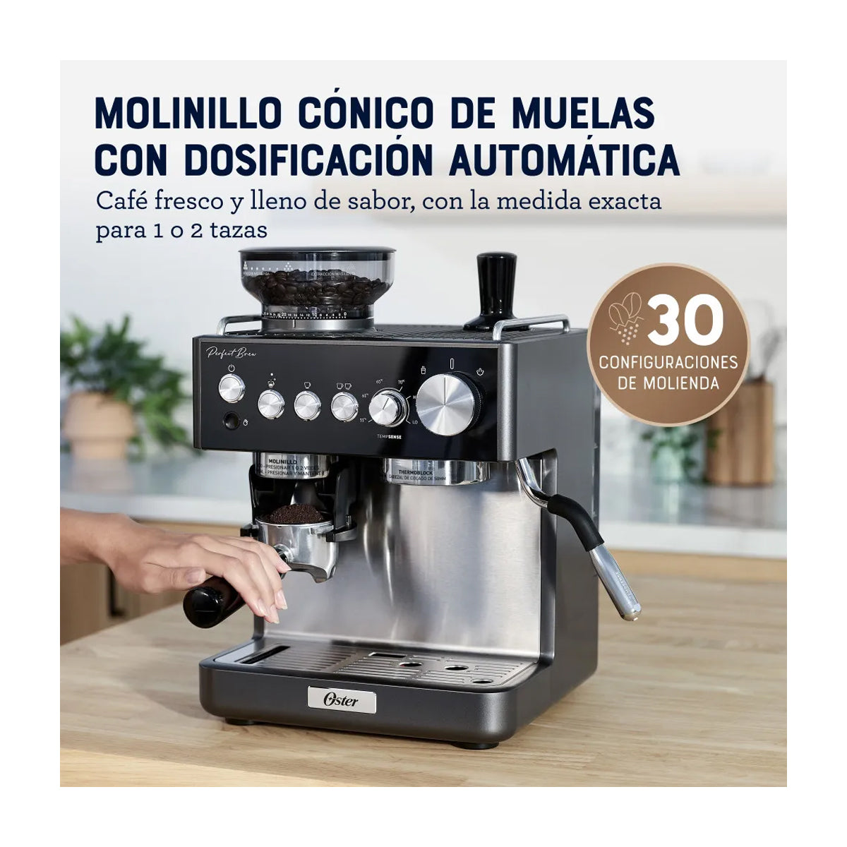 Oster BVSTEM7301 Cafetera Perfect Brew | Espresso y Latte | 15 Bares | Thermoblock | Molino Integrado | Acero Inoxidable
