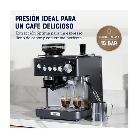 Oster BVSTEM7301 Cafetera Perfect Brew | Espresso y Latte | 15 Bares | Thermoblock | Molino Integrado | Acero Inoxidable