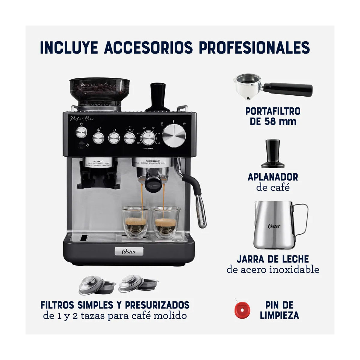 Oster BVSTEM7301 Cafetera Perfect Brew | Espresso y Latte | 15 Bares | Thermoblock | Molino Integrado | Acero Inoxidable