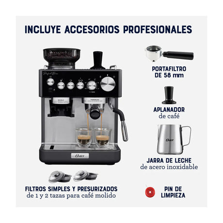 Oster BVSTEM7301 Cafetera Perfect Brew | Espresso y Latte | 15 Bares | Thermoblock | Molino Integrado | Acero Inoxidable