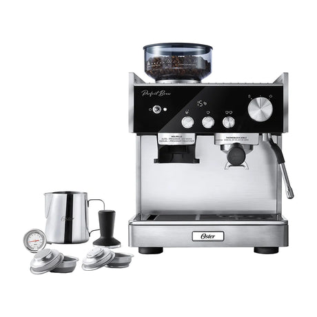 Oster BVSTEM7400 Cafetera Perfect Brew Máxima | Espresso y Latte | 15 Bares | Thermoblock Doble | Molino Inteligente  | Acero Inoxidable
