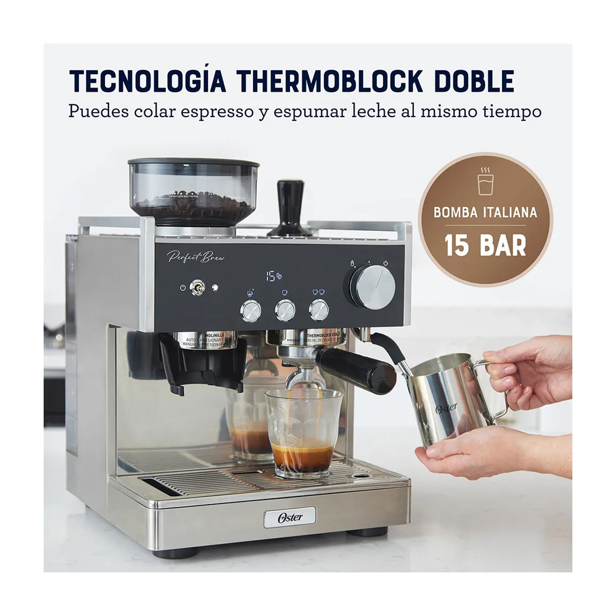 Oster BVSTEM7400 Cafetera Perfect Brew Máxima | Espresso y Latte | 15 Bares | Thermoblock Doble | Molino Inteligente  | Acero Inoxidable