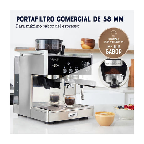 Oster BVSTEM7400 Cafetera Perfect Brew Máxima | Espresso y Latte | 15 Bares | Thermoblock Doble | Molino Inteligente | Acero Inoxidable