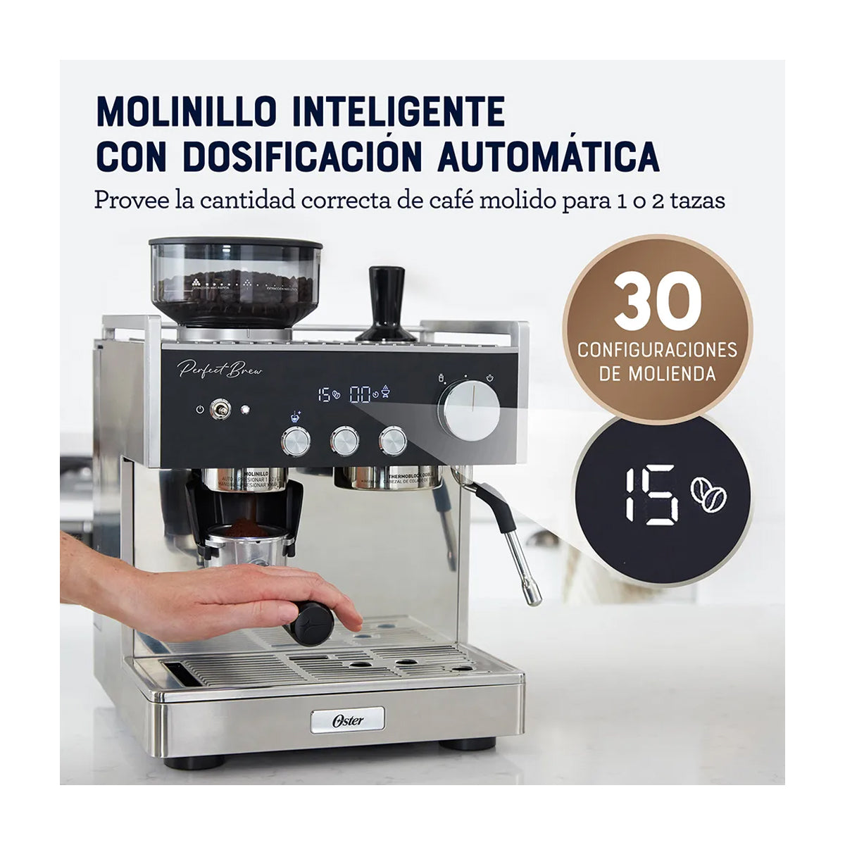 Oster BVSTEM7400 Cafetera Perfect Brew Máxima | Espresso y Latte | 15 Bares | Thermoblock Doble | Molino Inteligente  | Acero Inoxidable