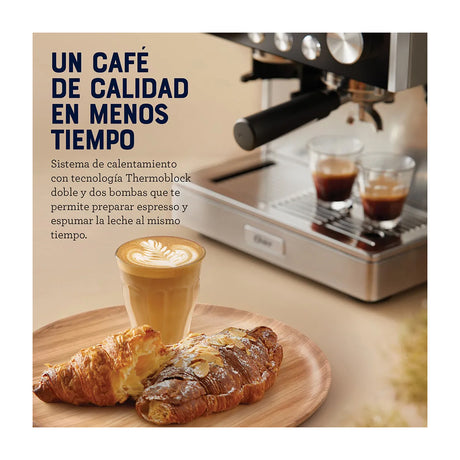 Oster BVSTEM7400 Cafetera Perfect Brew Máxima | Espresso y Latte | 15 Bares | Thermoblock Doble | Molino Inteligente | Acero Inoxidable