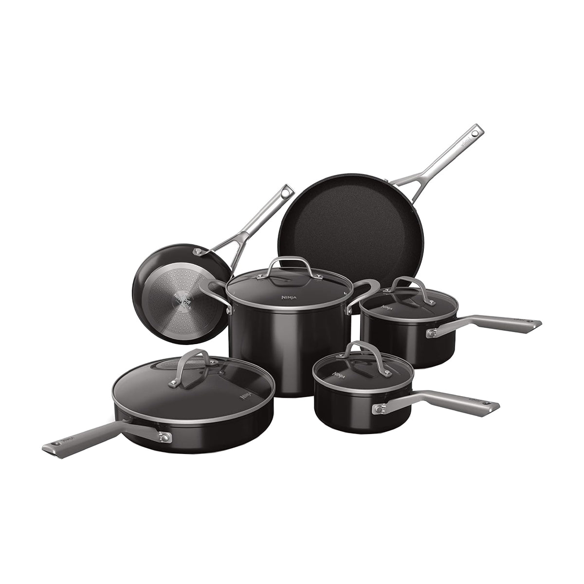 Ninja NeverStick Juego de Ollas de Inducción | Revestimiento de Cerámica | Tapa de Vidrio | Negro