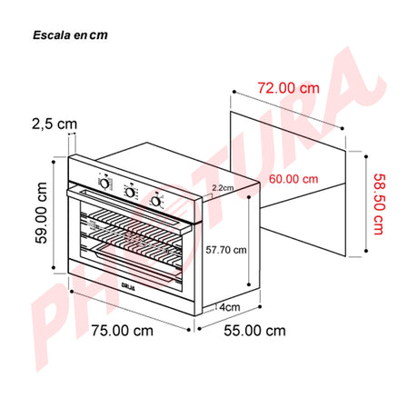 DRIJA Caribe 76 Air Eléctrico Horno Multifuncional Empotrable Eléctrico | Puerta de Triple Vidrio | 250°C