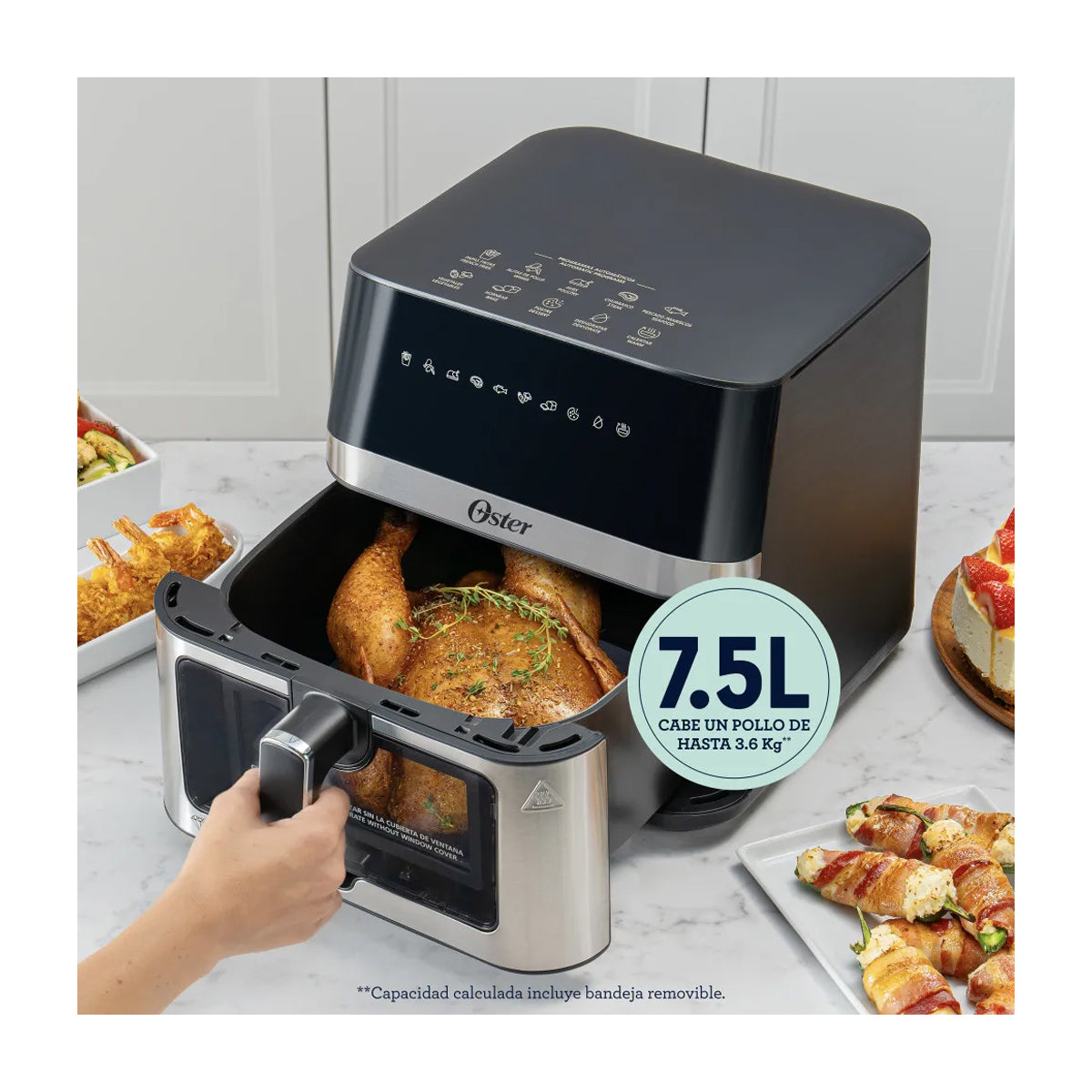 Oster CKSTAF75WDSSDF Freidora de Aire Digital | 7.5L | DiamondForce | Circulación de Aire 360° | Ventana de Vidrio | 10 Funciones | Negro