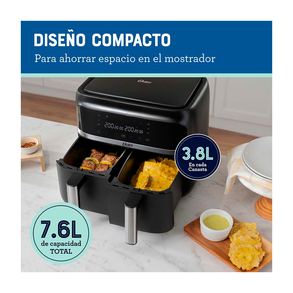 Oster CKSTAF7MCDDF Freidora de Aire Digital | 7.6L | Dual | DiamondForce | 2 Canastas | 6 Funciones | Negro