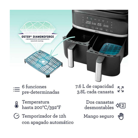 Oster CKSTAF7MCDDF Freidora de Aire Digital | 7.6L | Dual | DiamondForce | 2 Canastas | 6 Funciones | Negro